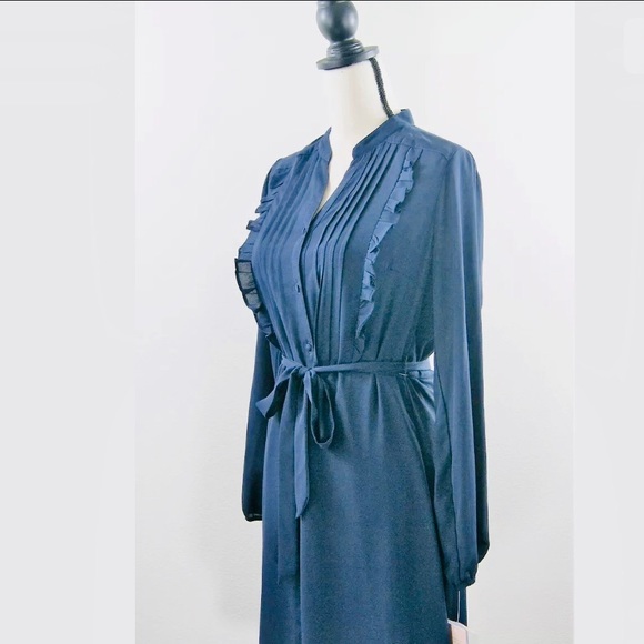 ❌SOLD❌Nanette Lepore Navy Pleated Chiffon Shirt Dress 8 - Picture 3 of 8